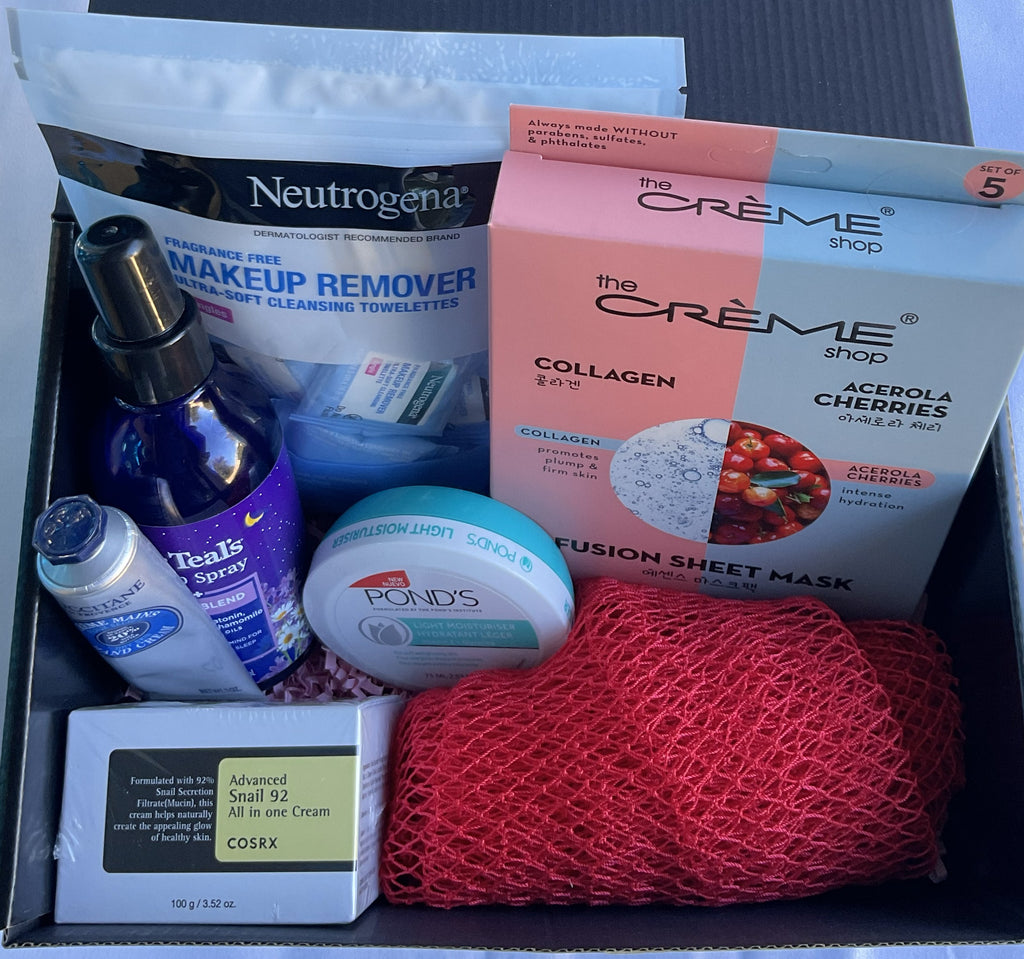 Assorted skincare products including Neutrogena makeup remover, The Crème shop collagen mask, and Ponds cream in a box.