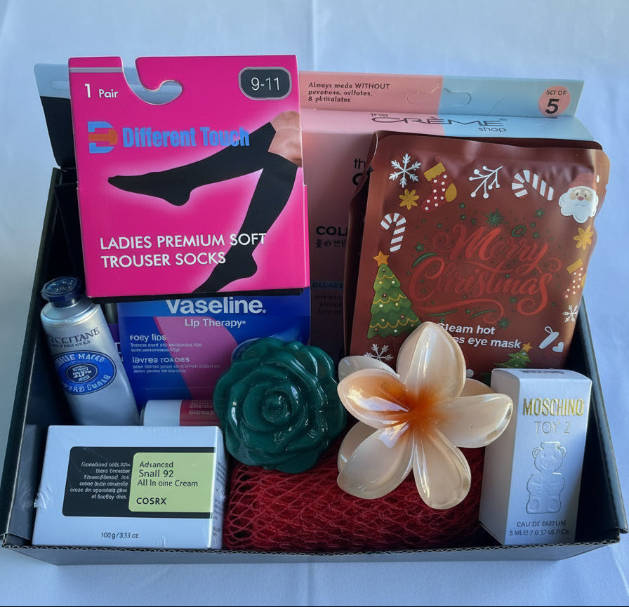 Assorted items including Vaseline lip therapy, a flower claw, and other products in a box on a white background